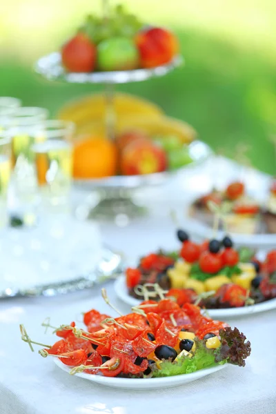 간식, 과일, 음료 테이블, 야외에서 정원 파티 개념 — 스톡 사진