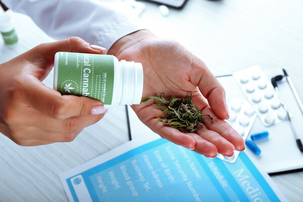 Врач держит бутылку медицинской марихуаны
  