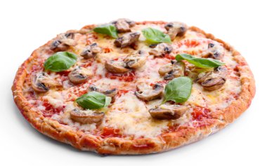 Tasty pizza with vegetables and basil isolated on white clipart