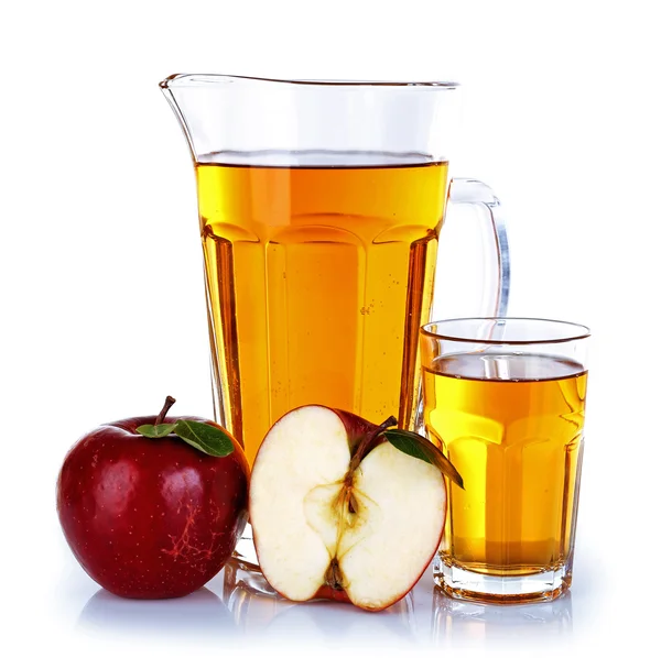 Full jug and glass of apple juice with fruit isolated on white — Stock Photo, Image