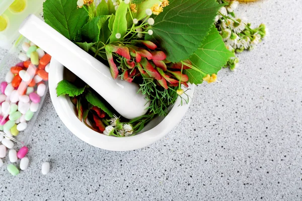 Herbs in mortar and pills — Stock Photo, Image