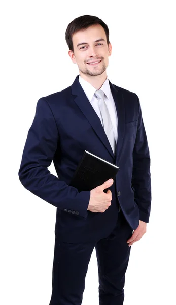 Elegant man in suit with notepad — Stock Photo, Image