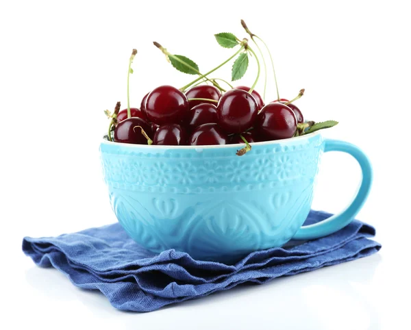 Cherries in mug isolated on white — Stock Photo, Image