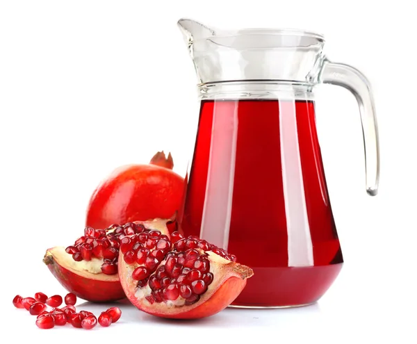 Glass jug of fresh pomegranate juice isolated on white — Stock Photo, Image
