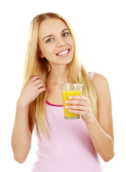 Mulher bonita nova com vidro de suco de laranja fresco, isolado em branco — Fotografia de Stock