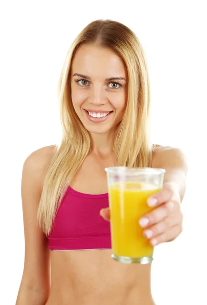 Joven hermosa mujer con vaso de jugo de naranja fresco, aislado en blanco —  Fotos de Stock