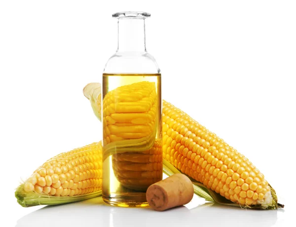 Fresh corn with bottle of oil isolated on white — Stock Photo, Image