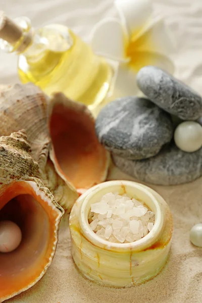 Stack of spa stones on sand background — Stock Photo, Image