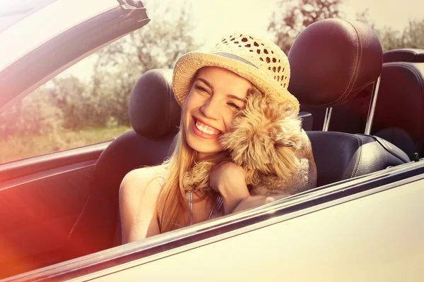 Menina feliz com cão em cabriolet — Fotografia de Stock