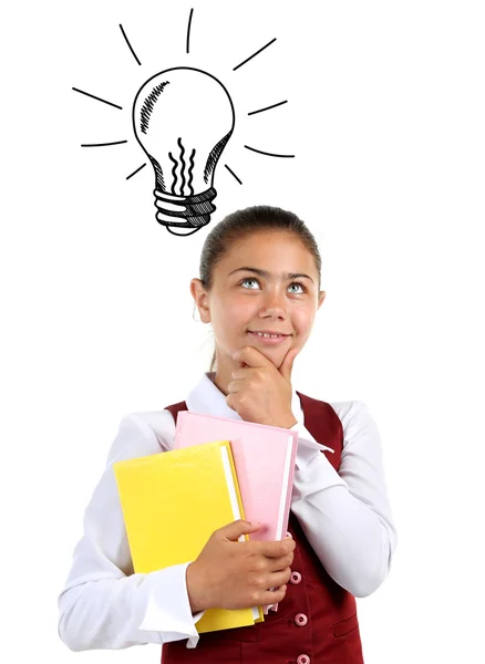 Little girl with idea bulb above the head — Stock Photo, Image