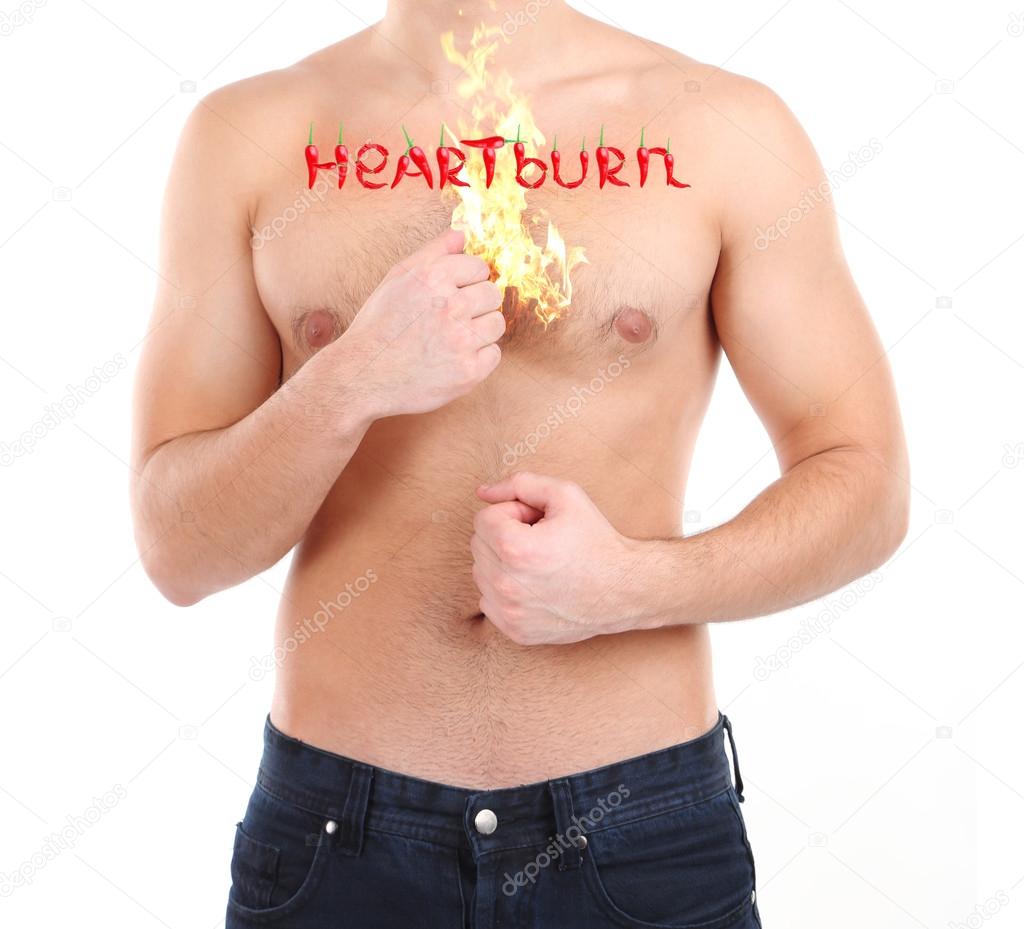 Word Heartburn on man's body