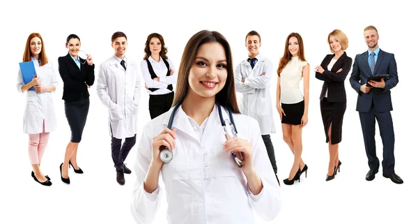 Grupo Trabajadores Médicos Aislados Blanco — Foto de Stock