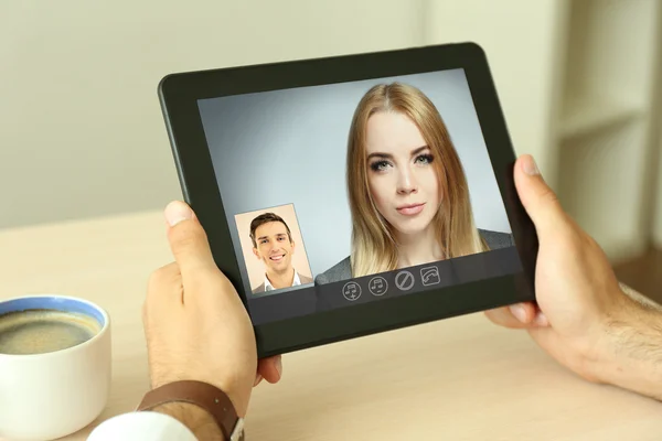 Young Couple Talking Each Other Online Video Chat — Stock Photo, Image