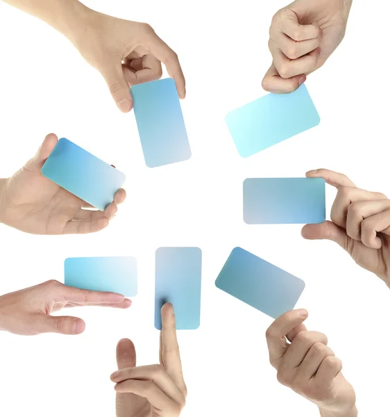 Collage of cards in hands — Stock Photo, Image