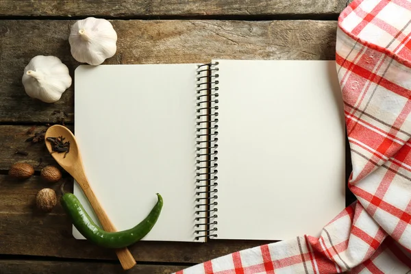 Livro de receitas aberto em segundo plano — Fotografia de Stock