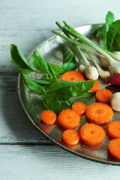 Fresh vegetables on meal tray on wooden table, closeup — Stock Photo, Image