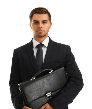 Şık takım elbise ile beyaz izole evrak çantası erkekte