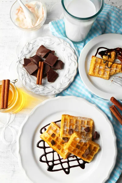 Homemade waffles with chocolate sauce — Stock Photo, Image