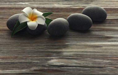 Ahşap arka plan üzerinde çiçek taşlarla Spa