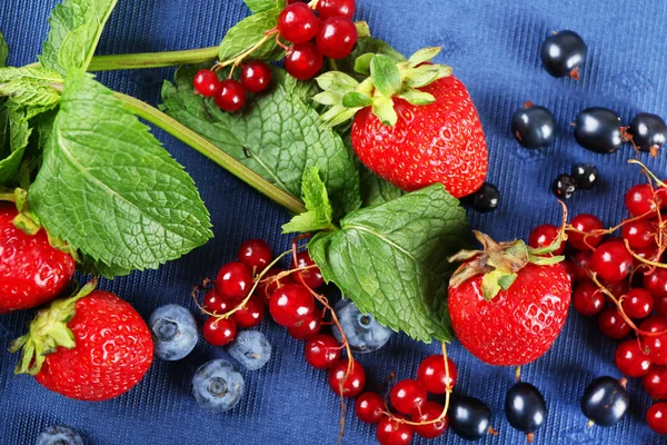 Group of fresh summer berries with mint on blue tablecloth, closeup — Stock Photo, Image