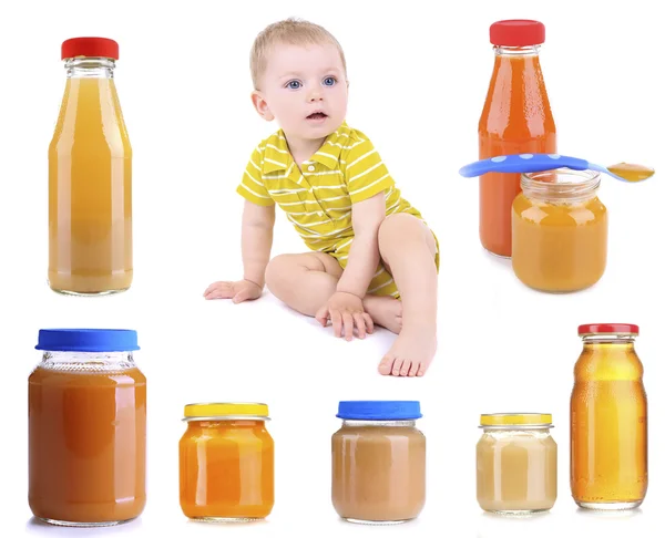 Baby boy and products for feeding — Stock Photo, Image