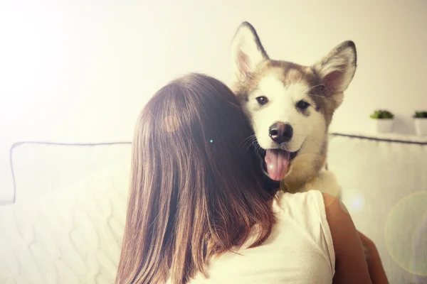 Mulher abraçando cão malamute — Fotografia de Stock