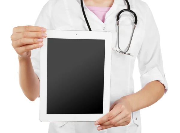 Female doctor presenting empty digital tablet screen isolated on white — Stock Photo, Image