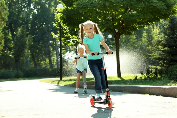 Small girls riding on scooters — Stock Photo, Image