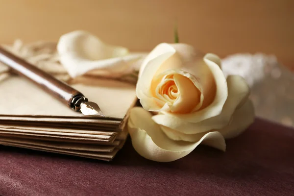 Fleur de rose fraîche avec vieux livre — Photo