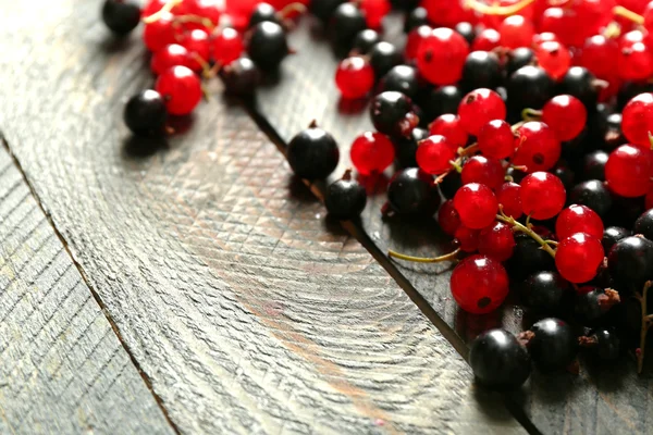 Ripe red and black currant on wooden background — Stock Photo, Image