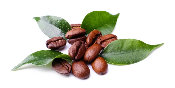 Coffee beans with leaves isolated on white — Stock Photo, Image