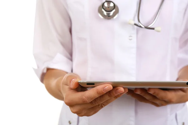 Female doctor working on digital tablet isolated on white — Stock Photo, Image