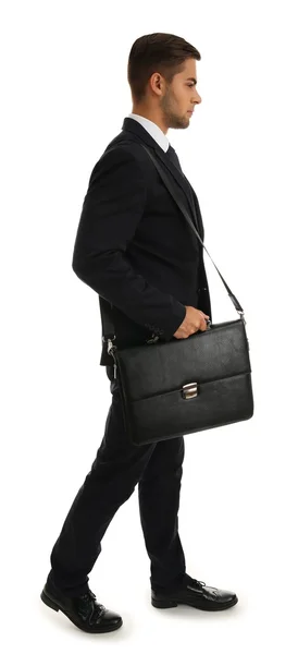 Elegante man in pak met werkmap geïsoleerd op wit — Stockfoto