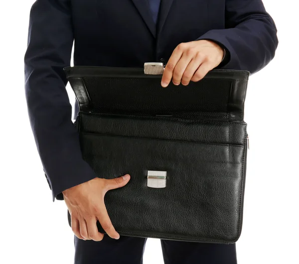 Elegant man in suit with briefcase isolated on white — Stock Photo, Image