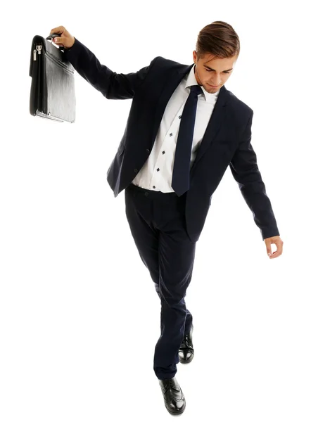 Elegante hombre de traje con maletín aislado en blanco — Foto de Stock