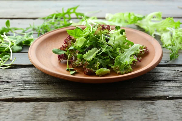 木製のテーブルに新鮮な混合グリーン サラダのプレートをクローズ アップ — ストック写真