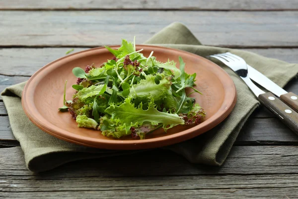 Ahşap masa üzerinde taze karışık yeşil salata tabak kapat — Stok fotoğraf