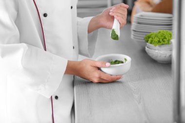 Harç parlak arka plan üzerinde bitkilerle elleriyle Cook