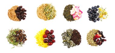 Çeşitli bitkisel çay ve otlar baharat beyaz izole