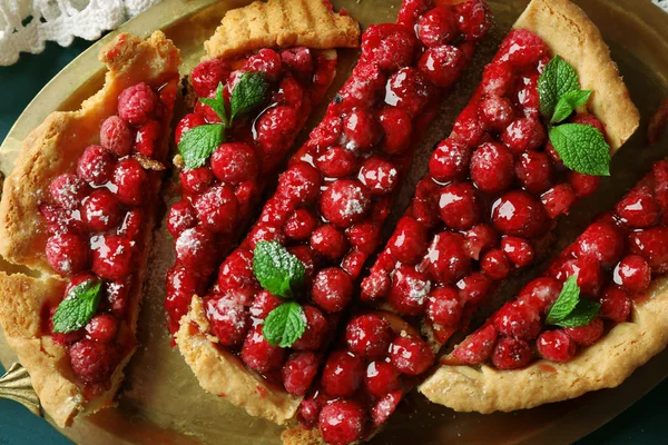 Piece of tart with raspberries on tray, close-up — Stock Photo, Image