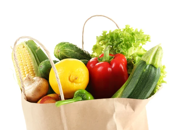 Sacchetto di carta con cibo isolato su bianco — Foto Stock