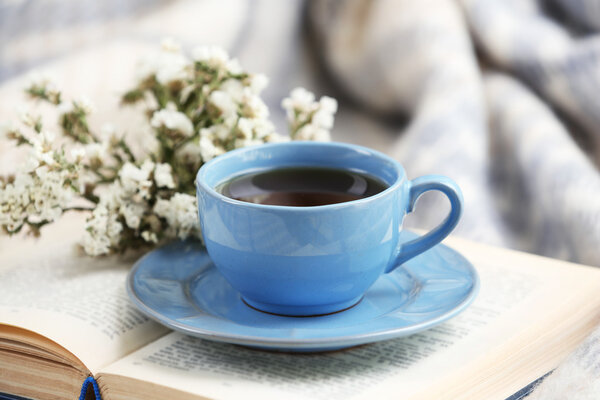 Голубая чашка кофе с открытой книгой на диване в комнате
