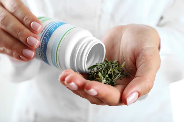 Doctor holding bottle of medical cannabis — Stock Photo, Image