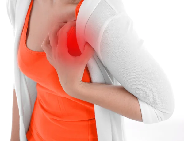 Woman having chest pain — Stock Photo, Image