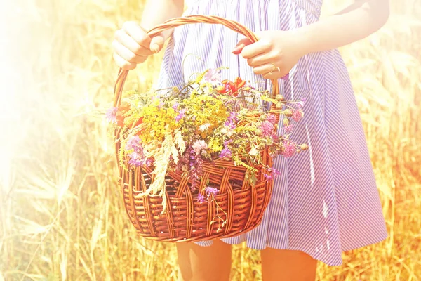 Mulher segurando cesta com flores silvestres — Fotografia de Stock