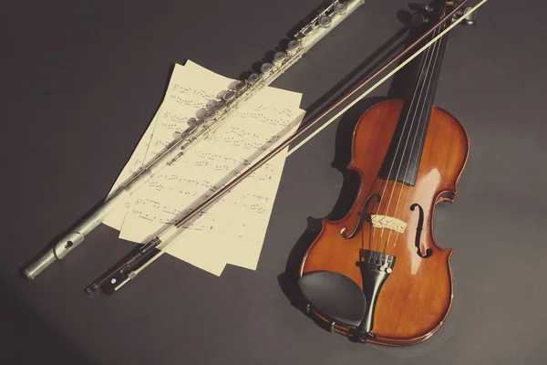Скрипка и флейта с нотами — стоковое фото