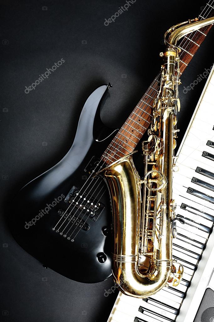 Musical instruments on dark background