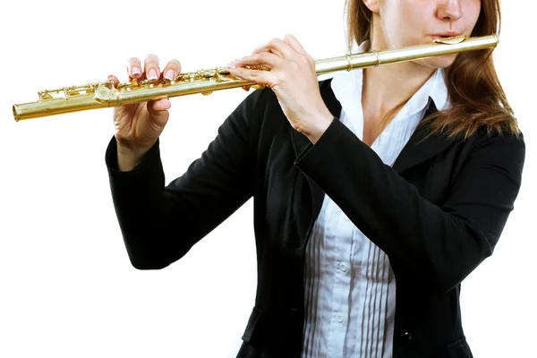 Músico tocando flauta aislado en blanco — Foto de Stock