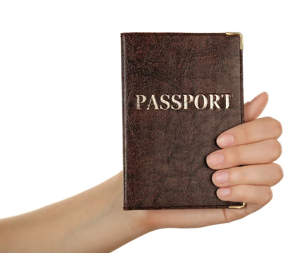 Mão feminina segurando passaporte isolado no branco — Fotografia de Stock