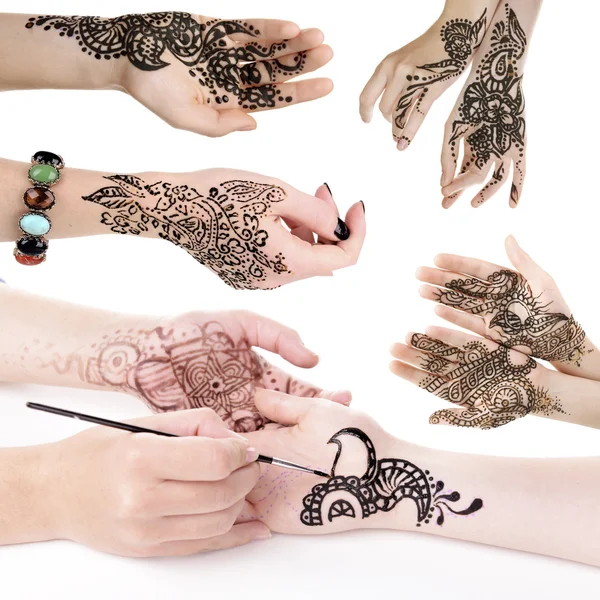 Collage con las manos pintadas con henna, aisladas en blanco —  Fotos de Stock
